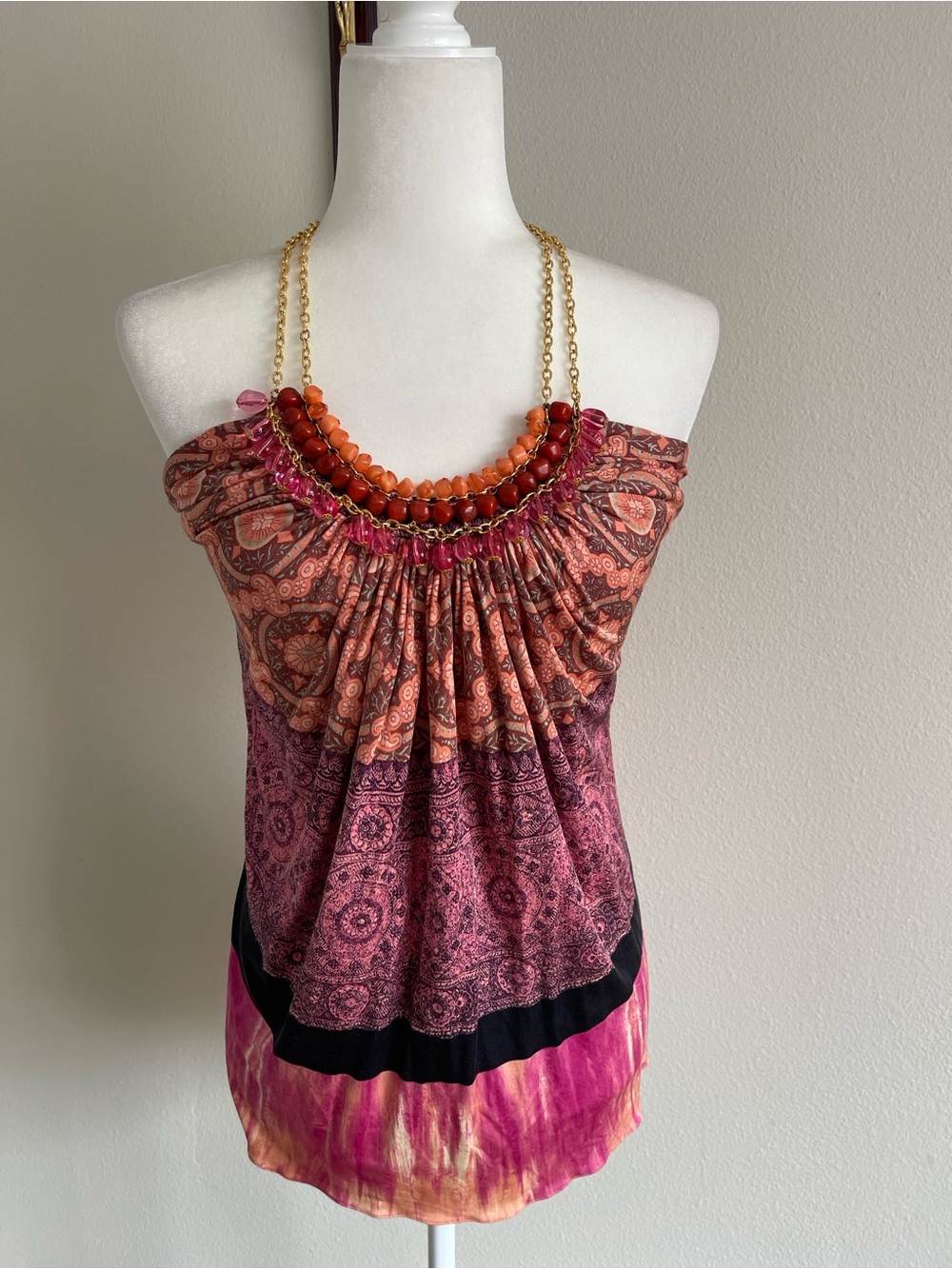 Strapless Pink & Orange Paisley Print Women's Top